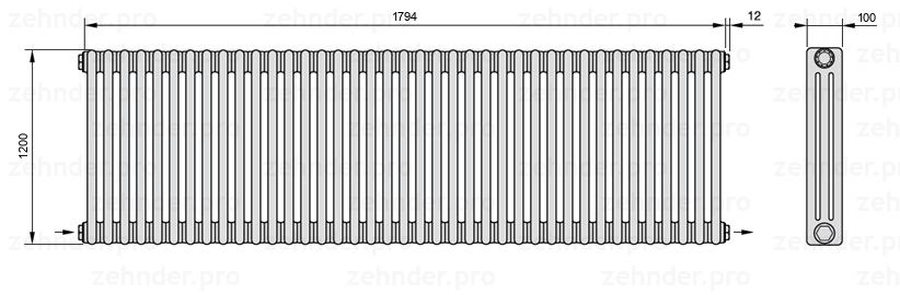 Схема (чертеж) Радиатор Zehnder Charleston 3120/39 №2670 Белый глянцевый RAL 9016